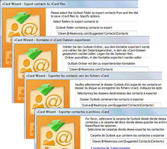 Outlook vCard Wizard Contacts Converter is available in English, German, French and Spanish.