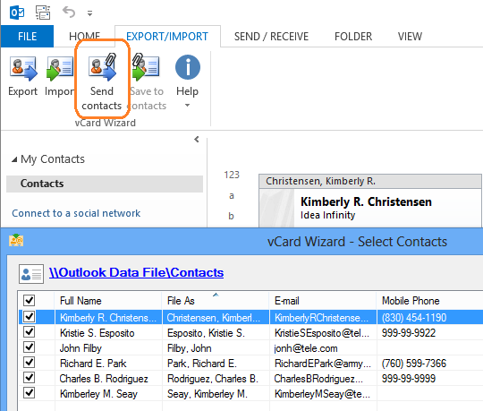 Send Outlook Contacts via email